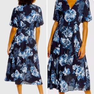 French Connection Floral Print Midi Dress Size 4 Navy Blue Maxi Dress V Neck